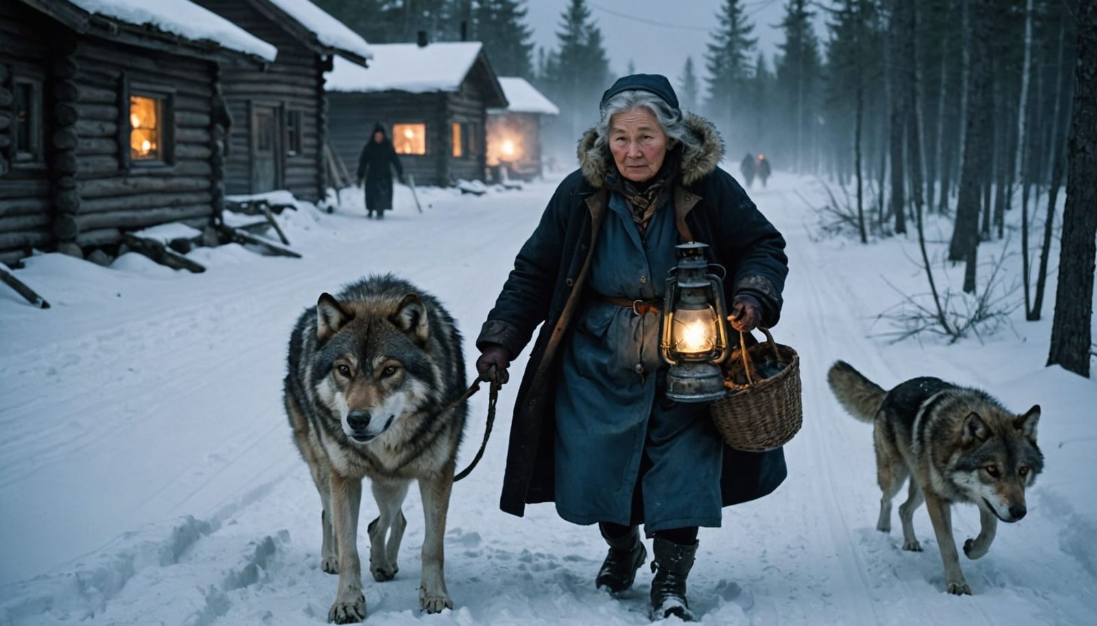Elderly Woman Carries Wolf Through Taiga Blizzard
