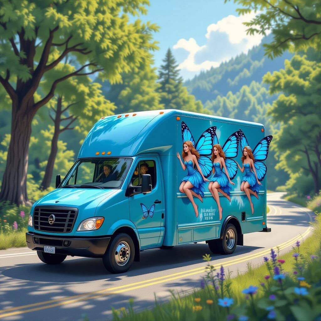 Fairies Driving Electric Blue Truck to National Park