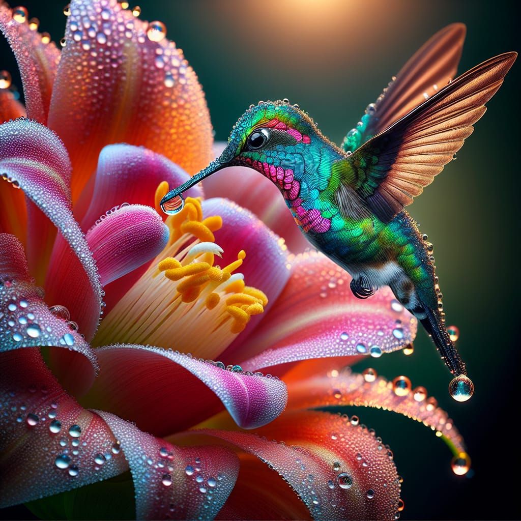 Hyperrealistic Hummingbird with Iridescent Plumage in Mornin...