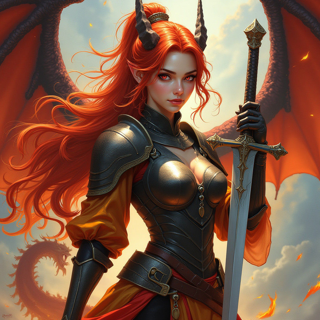 Dragon Woman with Flaming Sword in Fantasy Realm