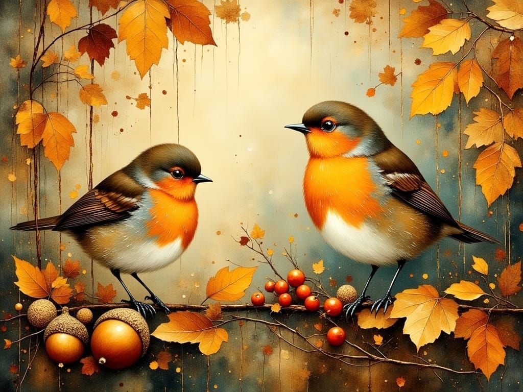 Autumnal Birds in Woodland Illustration