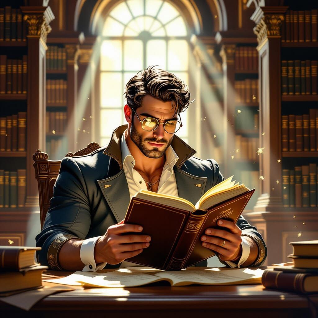 Muscular Scholar Reads Ancient Tome in Sunlit Library