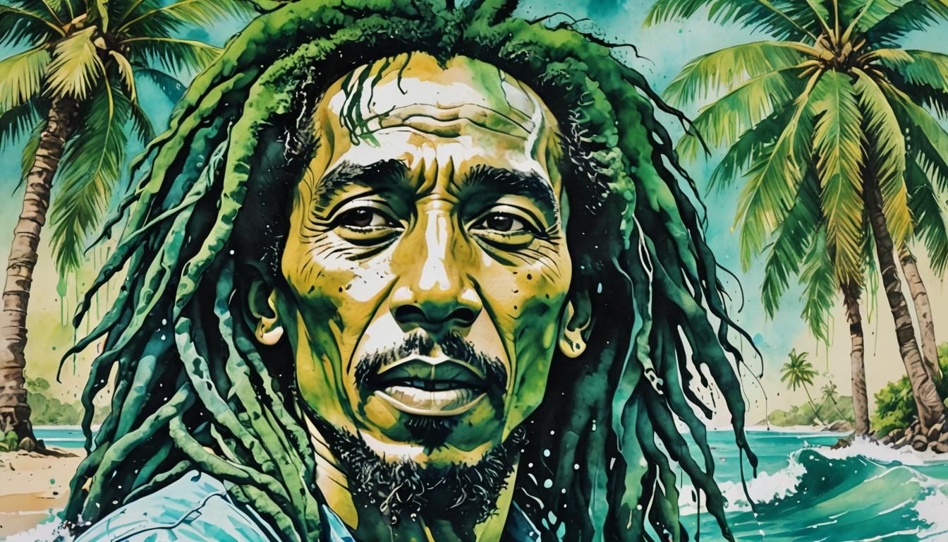 Bob Marley on Jamaican Beach in Pop Art Style