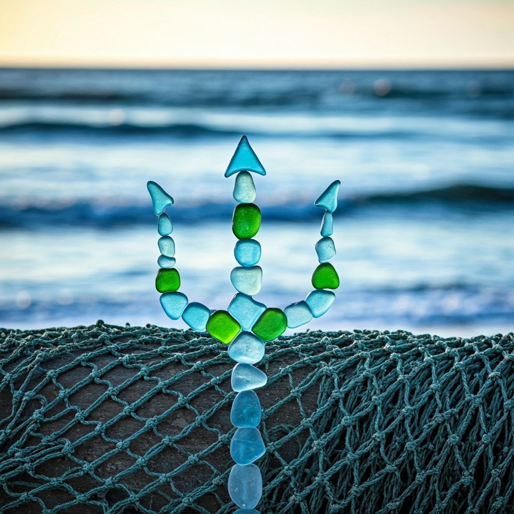 Sea Glass Trident on Fishing Net with Rolling Waves