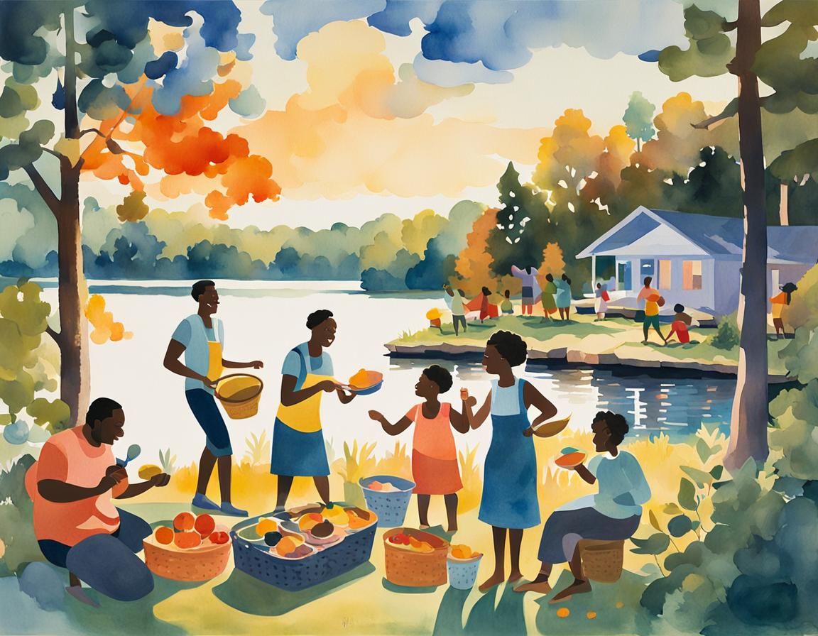 Vibrant Pop Art Watercolor of Black Family BBQ