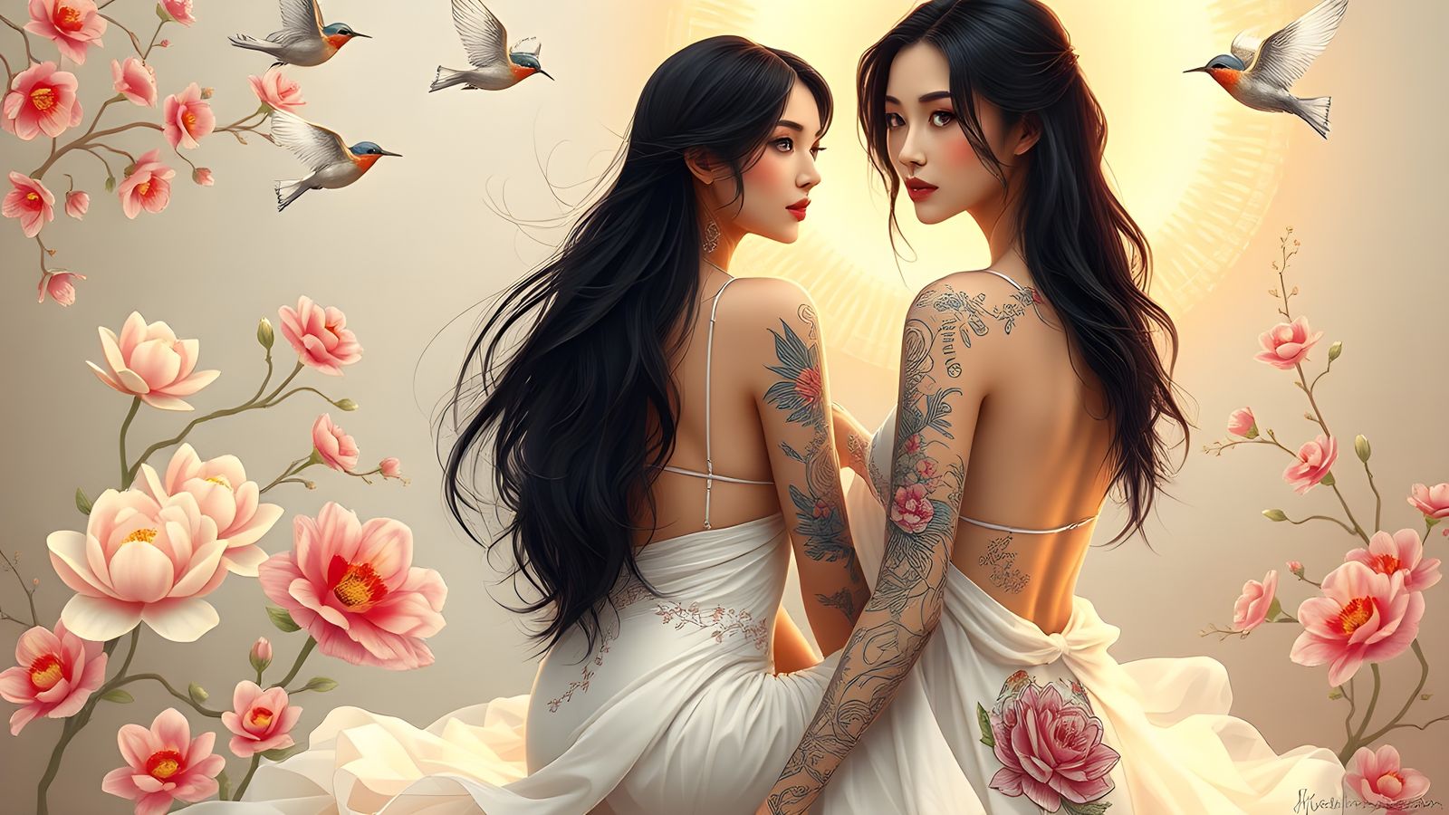 Elegant Woman with Tattoos in Fantasy Setting