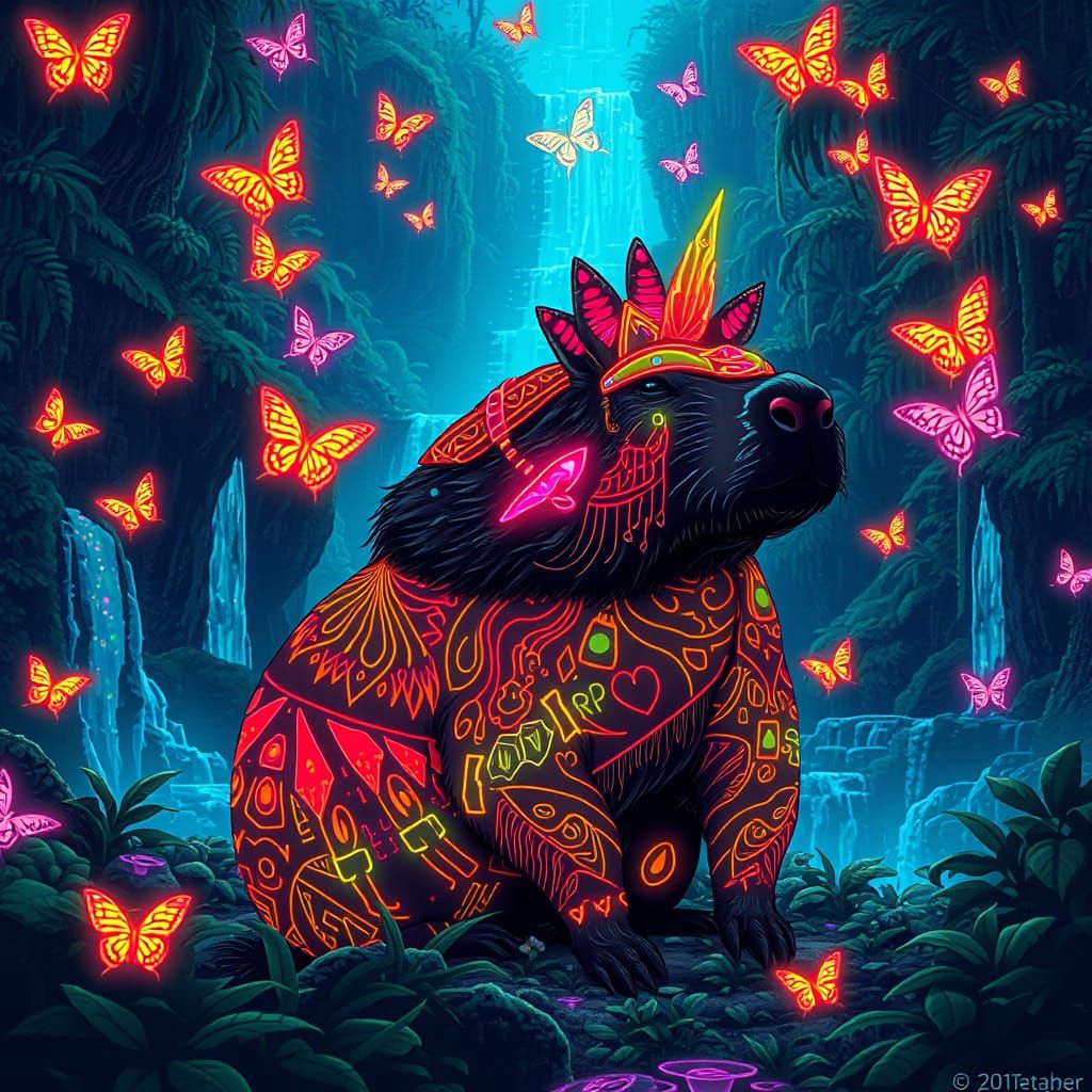 Glowing Capybara in Cyberpunk Digital Rainforest