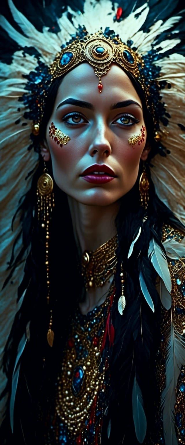 Portrait of a Woman with Beaded Drape and Feathers