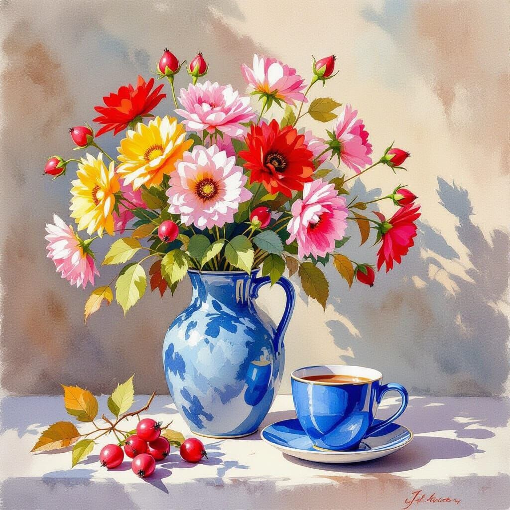 Autumn Still Life: Blue Vase with Rose Hips and Flowers
