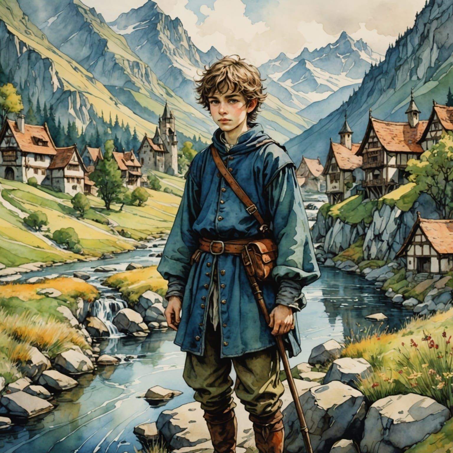 Medieval Boy by Mountain Stream in Watercolor Style