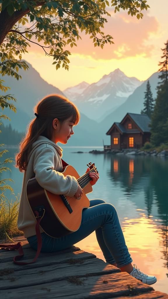 Lofi Illustration: Girl Playing Guitar at Sunset