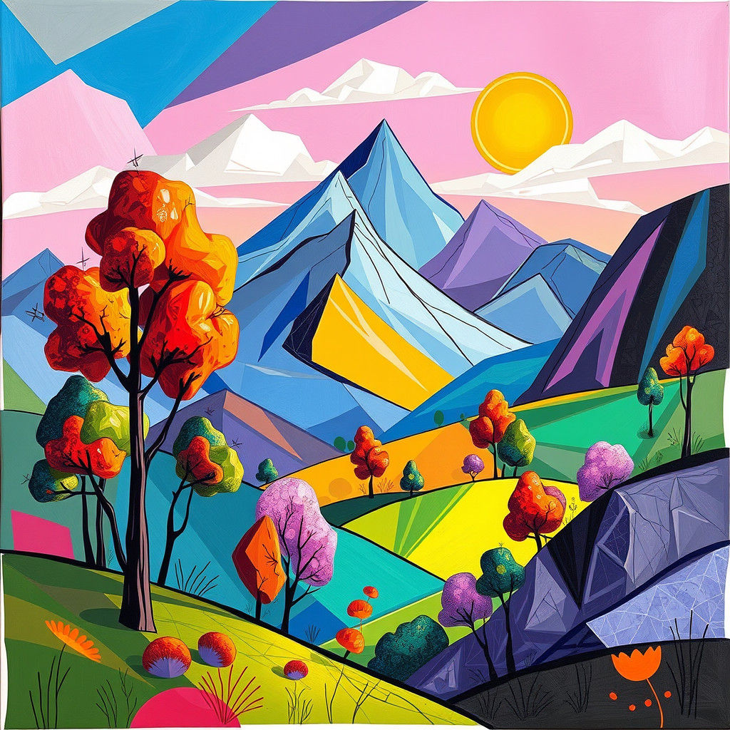 Whimsical Doodle Fantasy Landscape in Cubist Art Deco Style