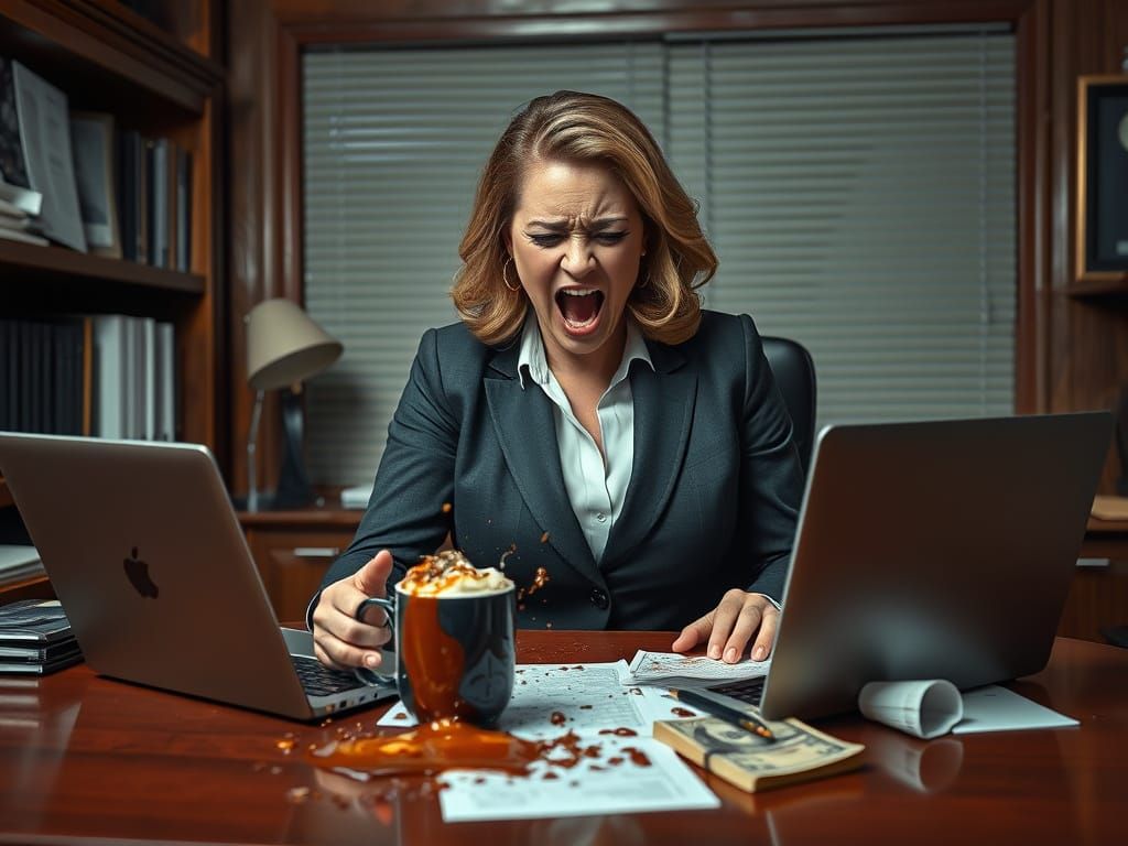 Frustrated Woman in Office with Coffee Disaster