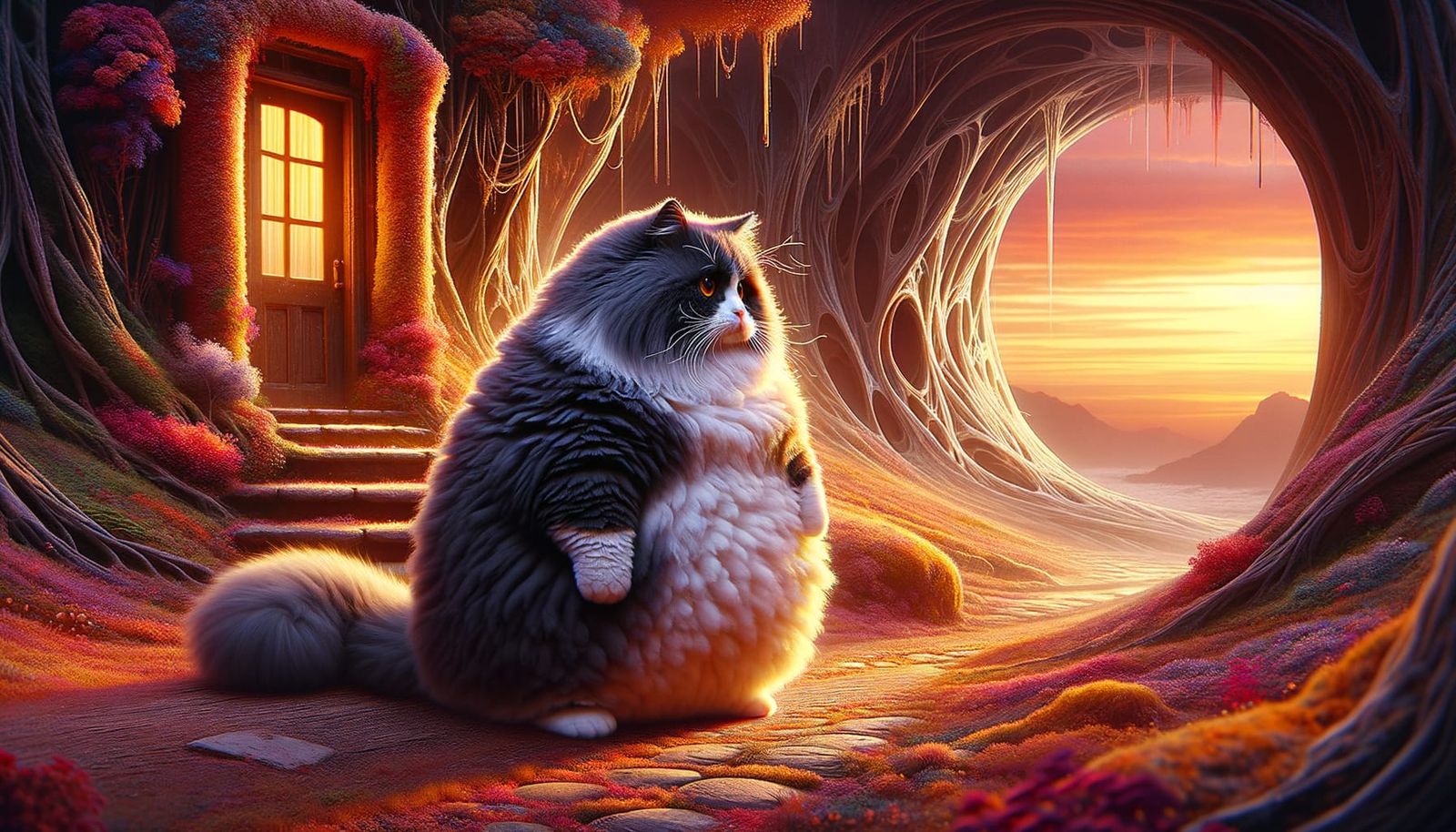 Melancholic Cat in Surreal Fantasy Landscape