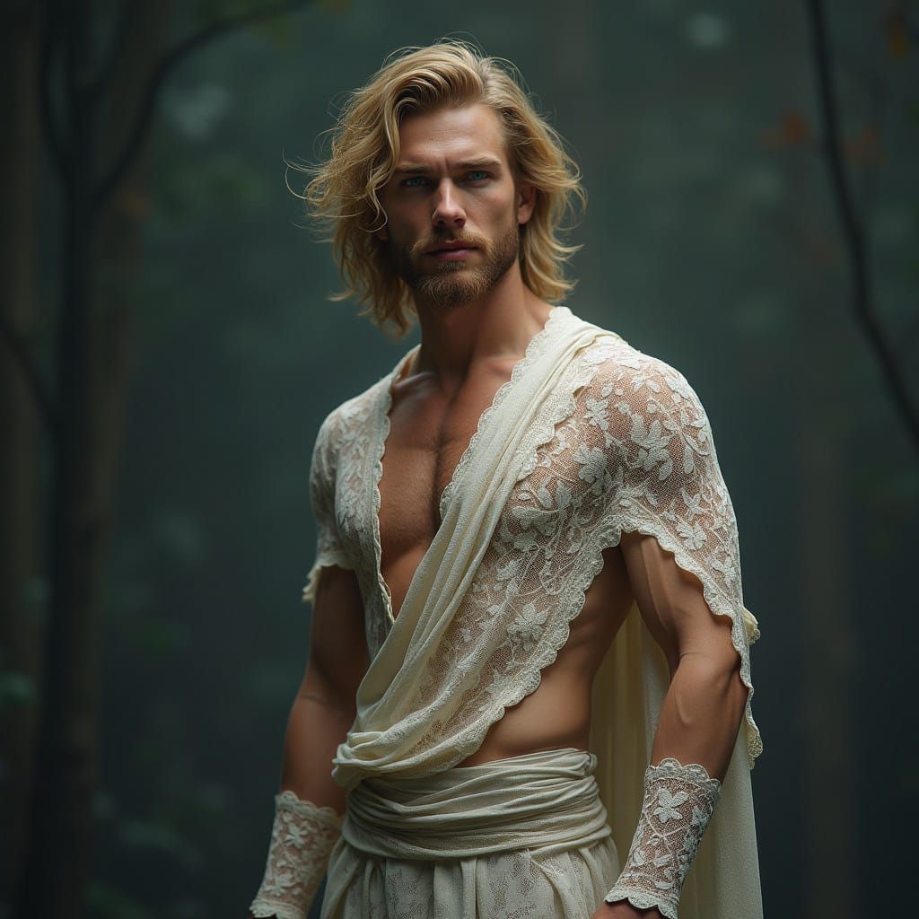 Chiseled Young Man in Intricate Lace Tunic