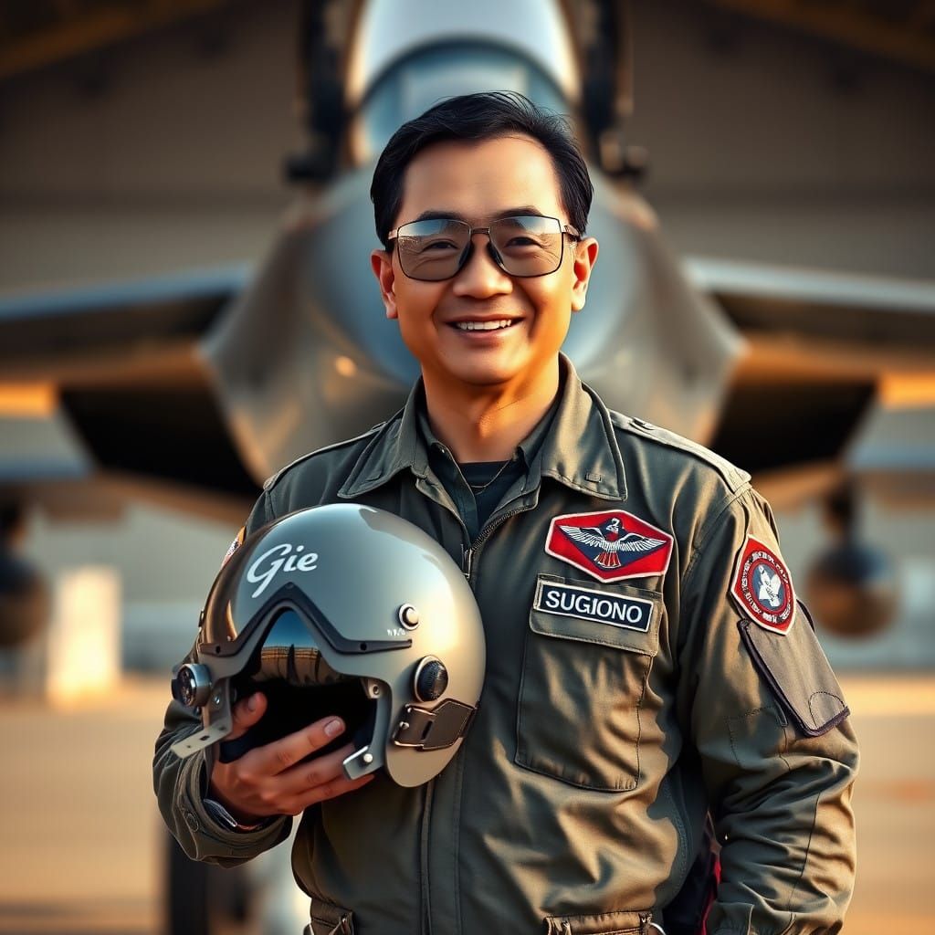 Indonesian Pilot in Rugged Flight Attire Stands Confidently...