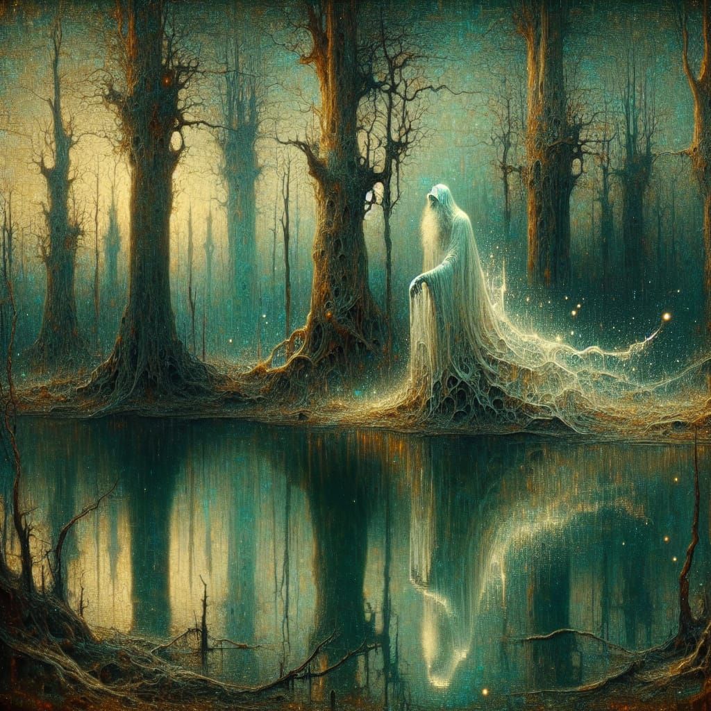 Ethereal Spectral Figure in Eerie Forest Lake