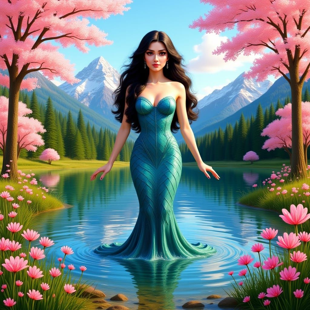 Mermaid Goddess in Mountain Lake: Hyper-Realistic Art