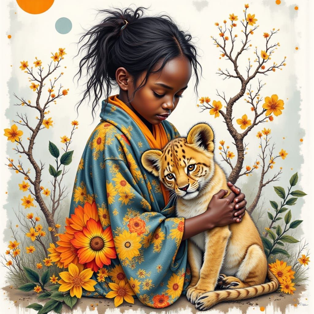 Girl and Lion Cub in Whimsical Watercolor Style