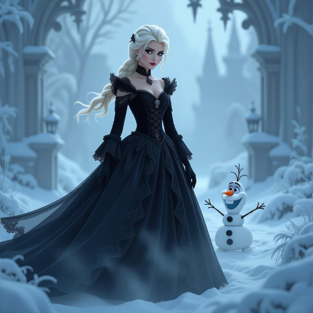 Gothic Elsa with Olaf in Ethereal Mist