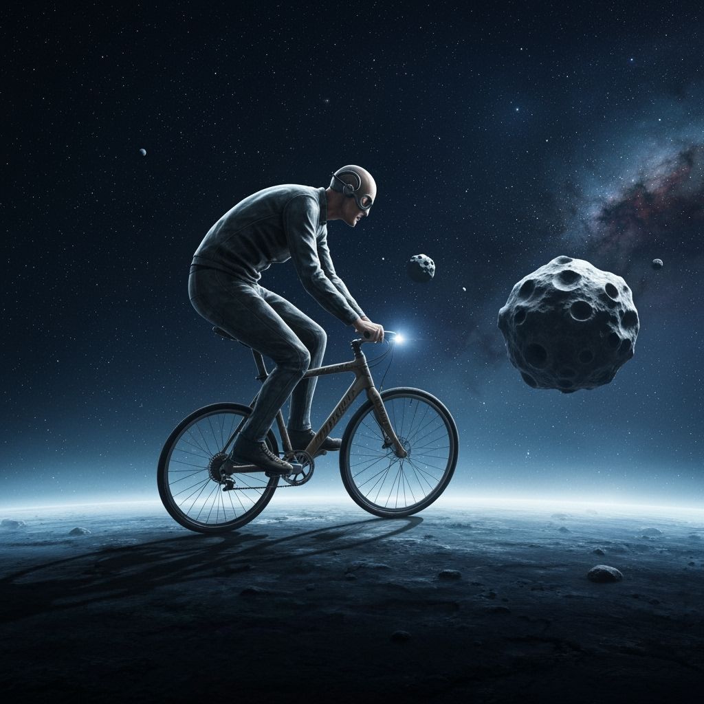 Astronaut Pedaling Rocket Bicycle to Asteroid