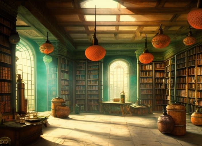 Alchemist's Room with Cats and Books