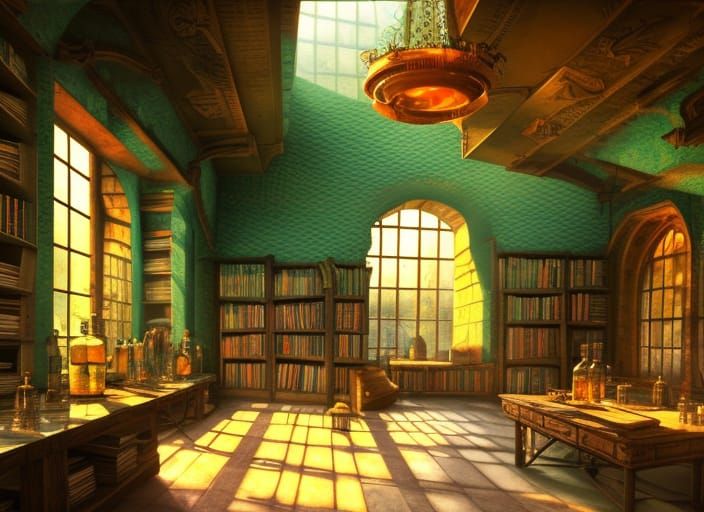 Detailed Alchemist Room with Cats and Books