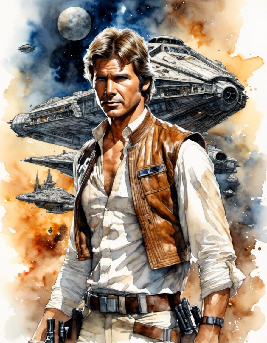 Han Solo Portrait with Millennium Falcon in Watercolor Style