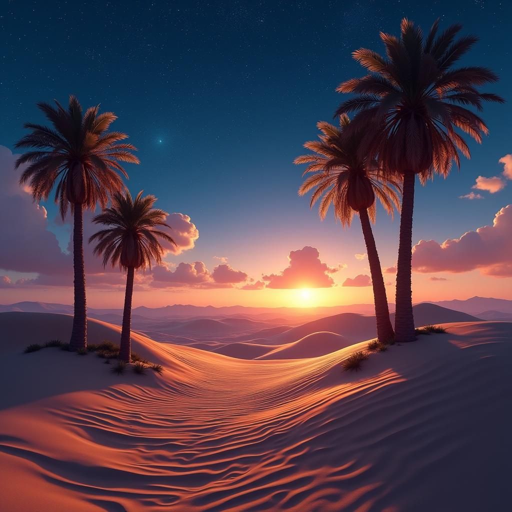 Serene Desert Oasis at Dusk in Matte Painting Style