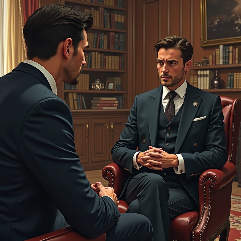 Pleading Man in Lavish Office, Dramatic Lighting