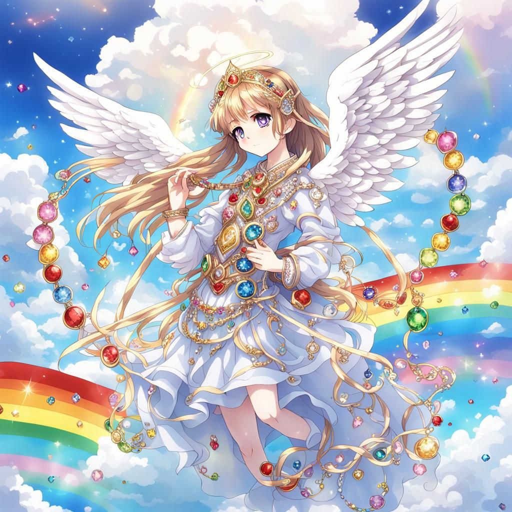 Anime Style Female Angel in Jewels and Rainbow