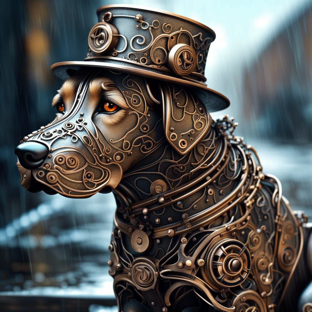 Rainy Day Dog in Steampunk Style