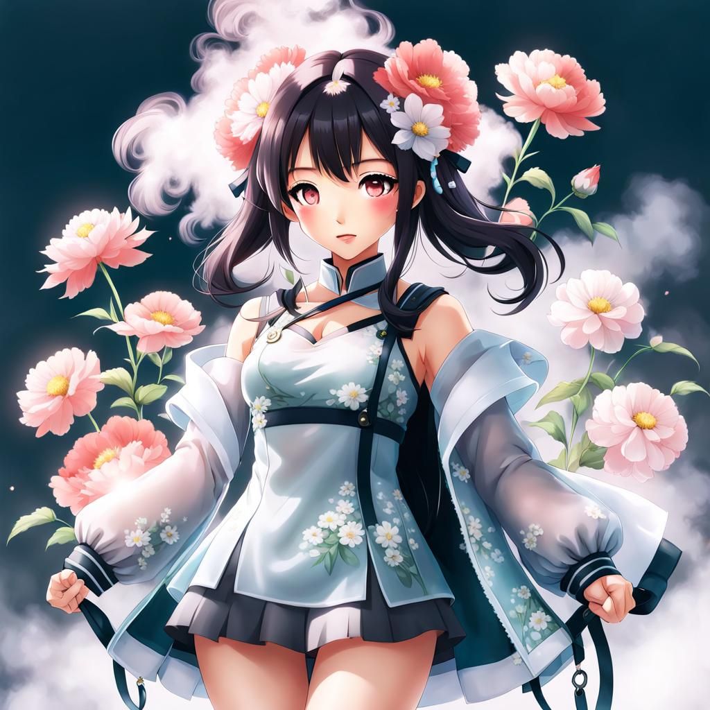 Anime Woman in Dress of Flower Fog