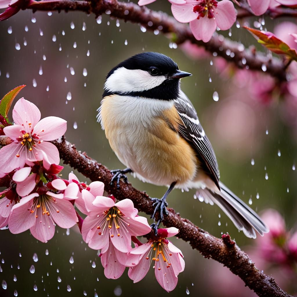Chickadee Sheltering from Rain Under Blossoms