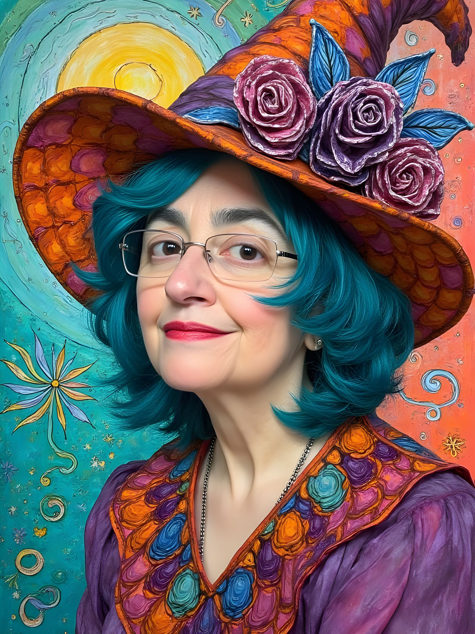 Vibrant Mixed Media Portrait with Turquoise Hair