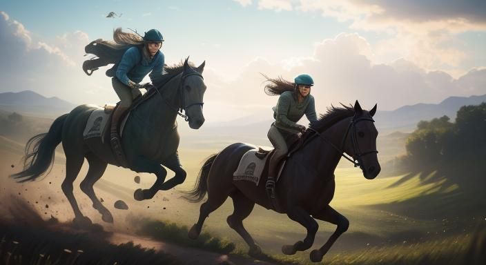 Horse and Rider Racing Across a Field in Matte Painting Styl...