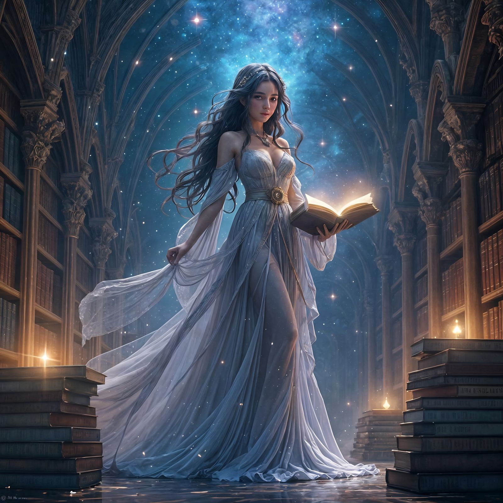 Celestial Library in Space: Art Nouveau Anime Style