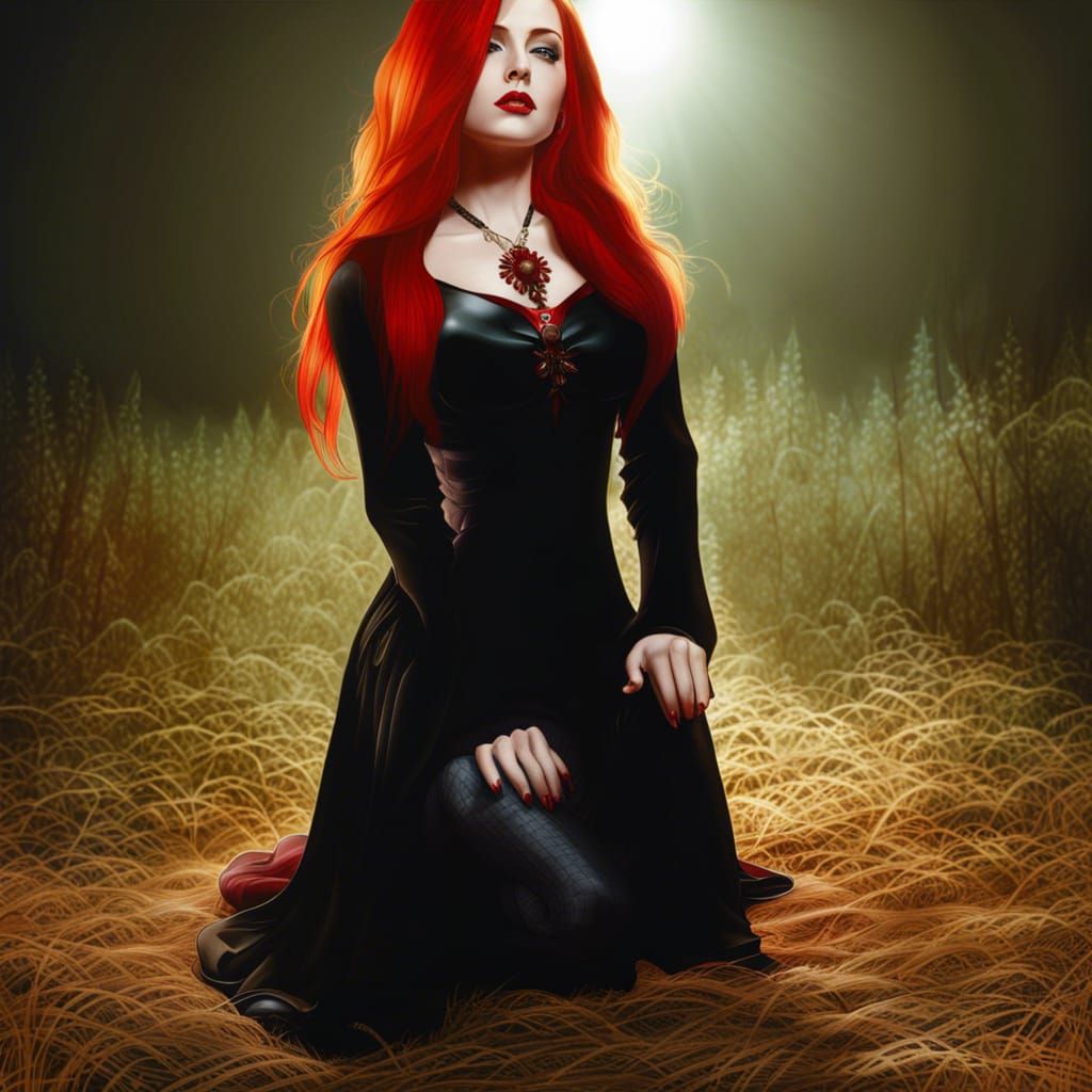 Redhead Vampire Kneeling in Dark Field at Night