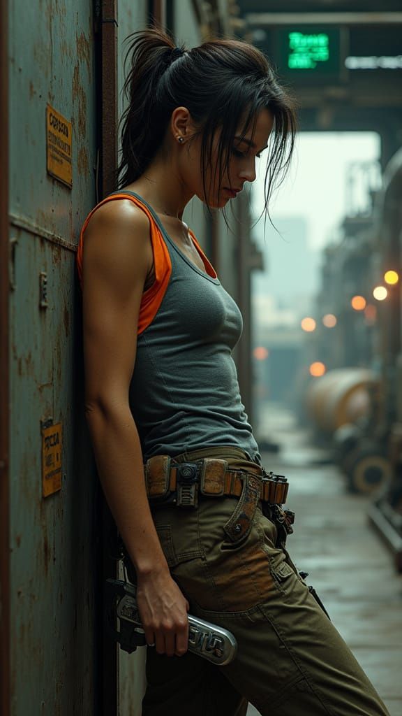 Rugged Female Mechanic in Industrial Space Station Hangar