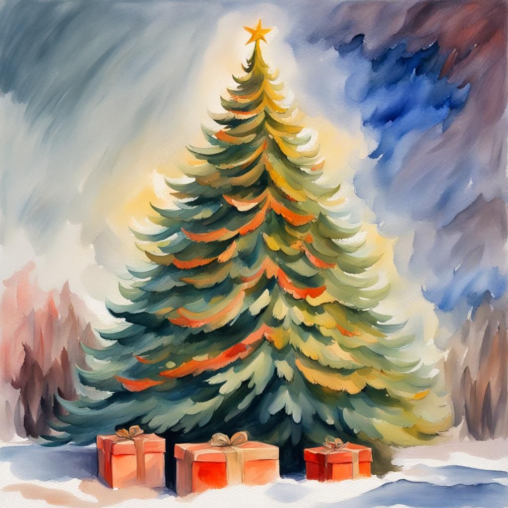 Gouache Style Christmas Tree Impressionist Masterpiece