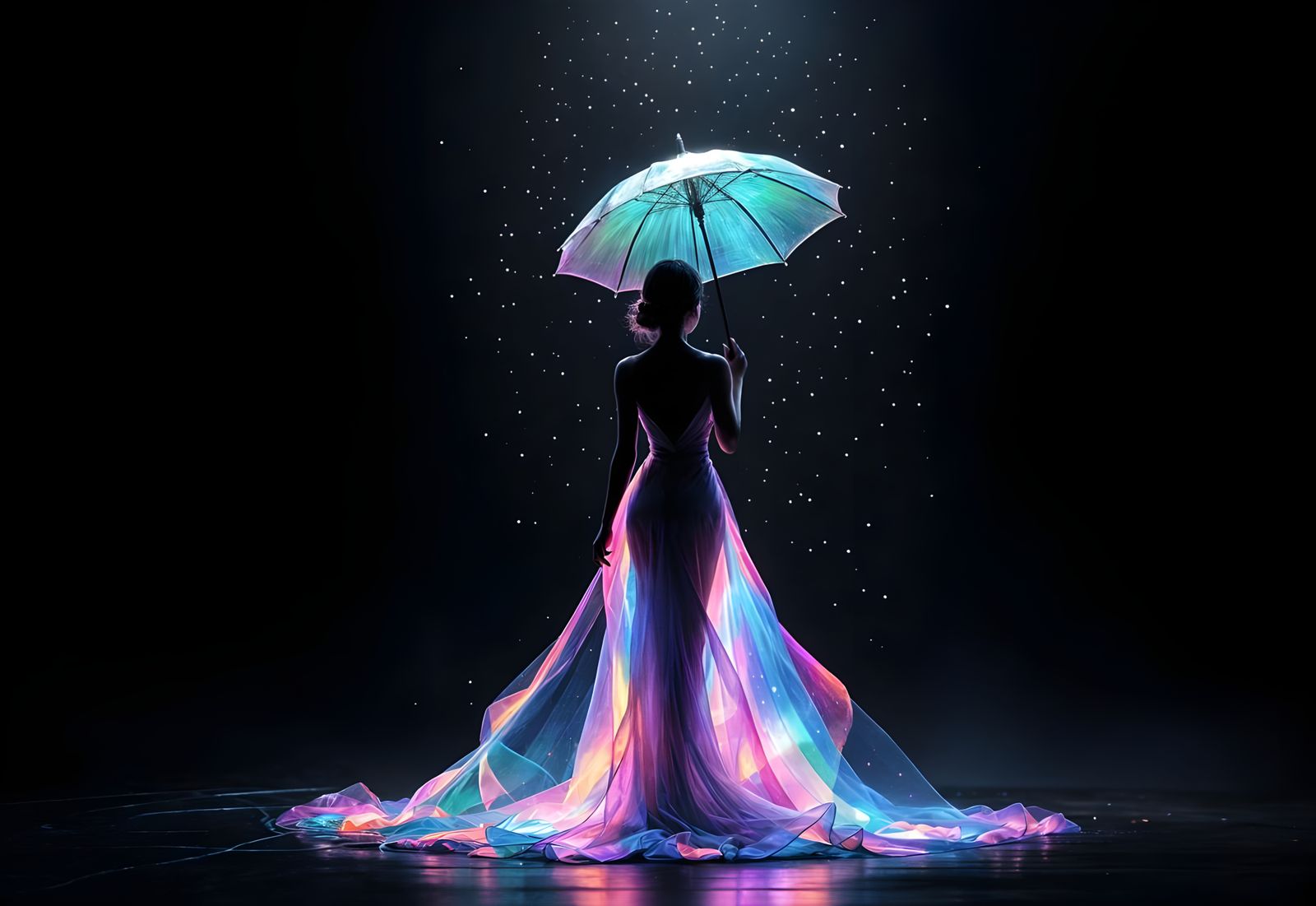 Woman with Fabergé Parasol on Theater Stage