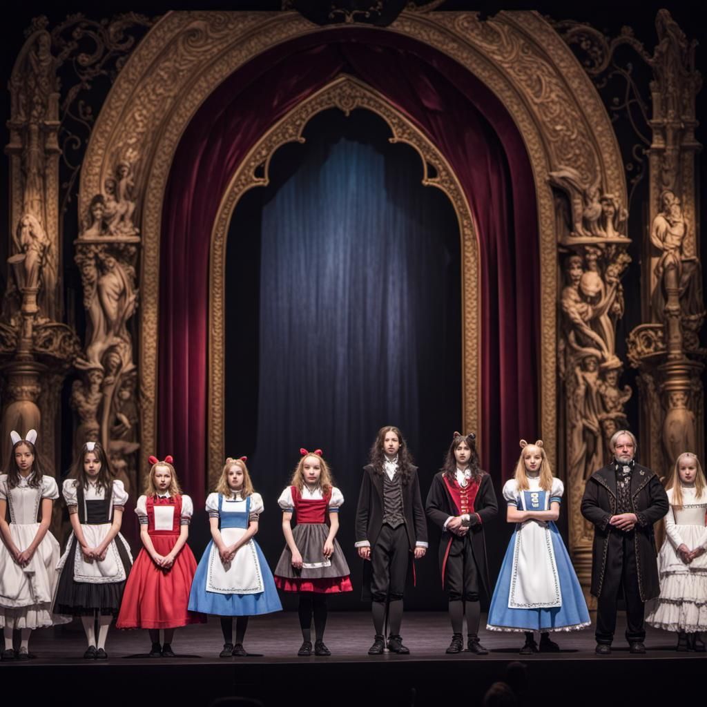 Multiple Alices on Stage in Gothic Theater