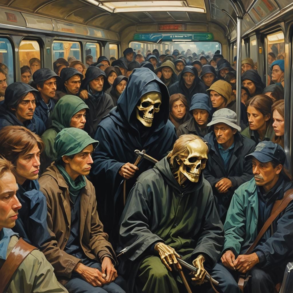 Grim Reaper in Crowded Metro: Impressionist Oil Painting