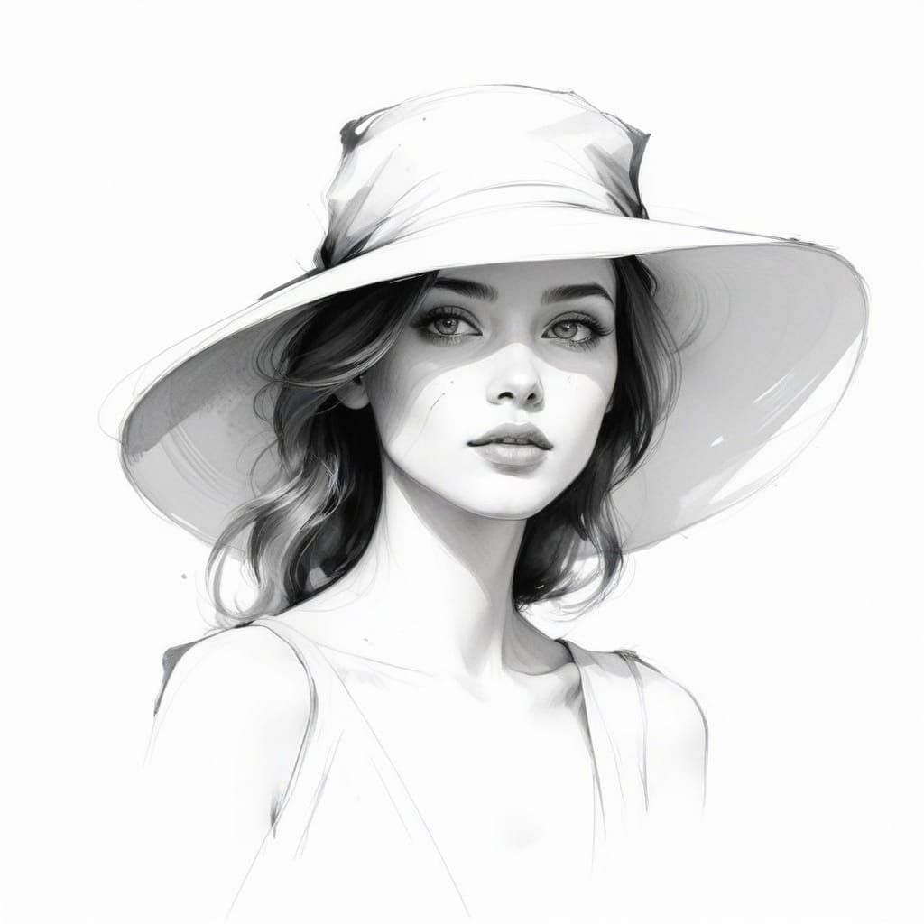 Minimalist Black Line Drawing of Elegant Woman with Hat