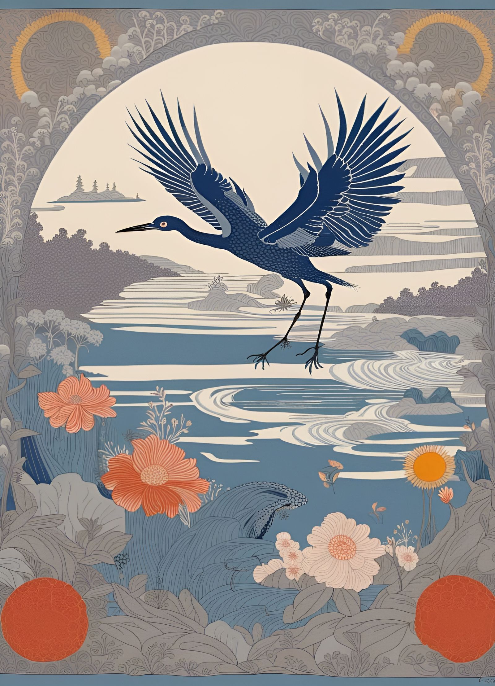 Insect Flight Over Water in Woodcut Print Style