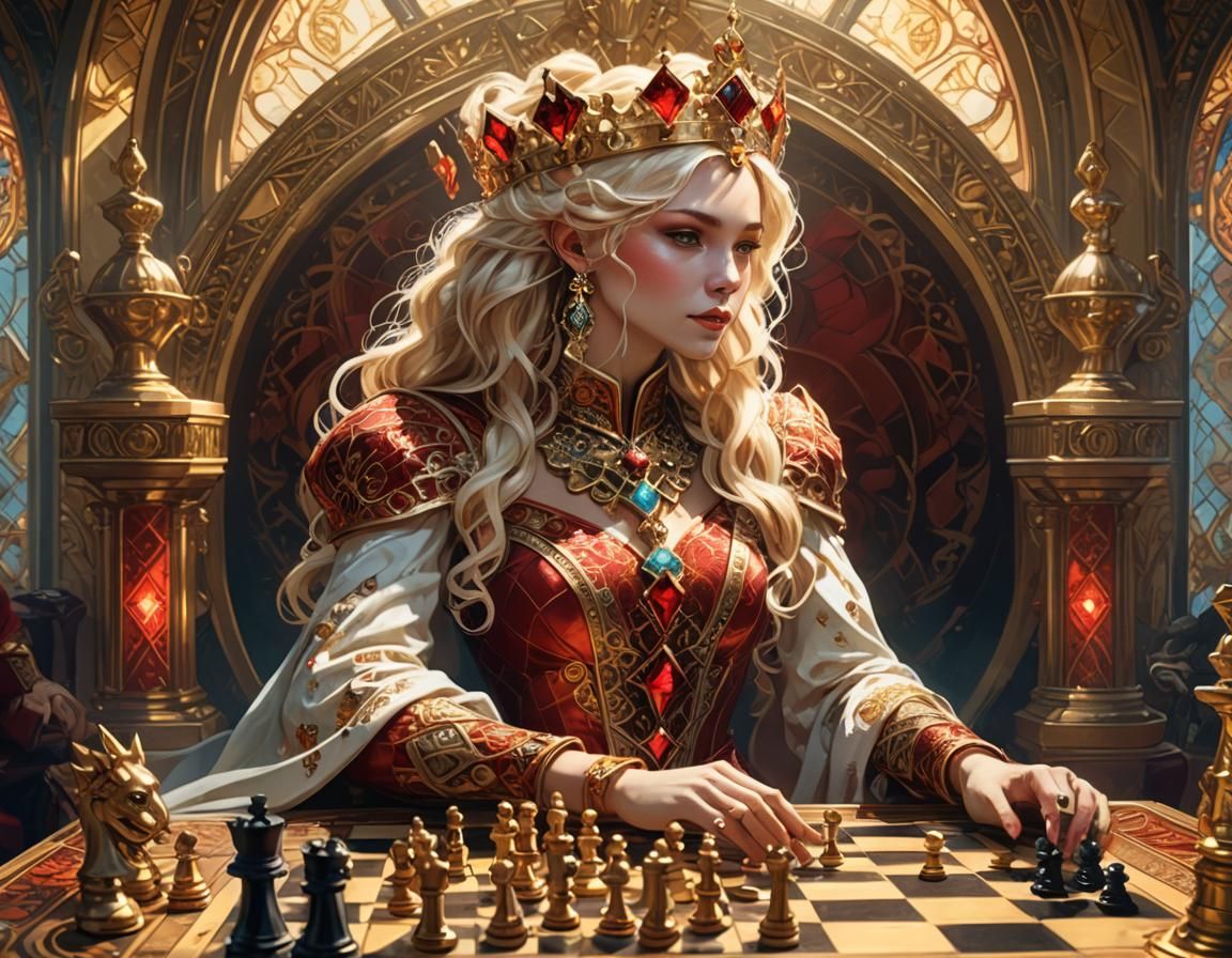 Blonde Queen Playing Chess in Art Nouveau Style