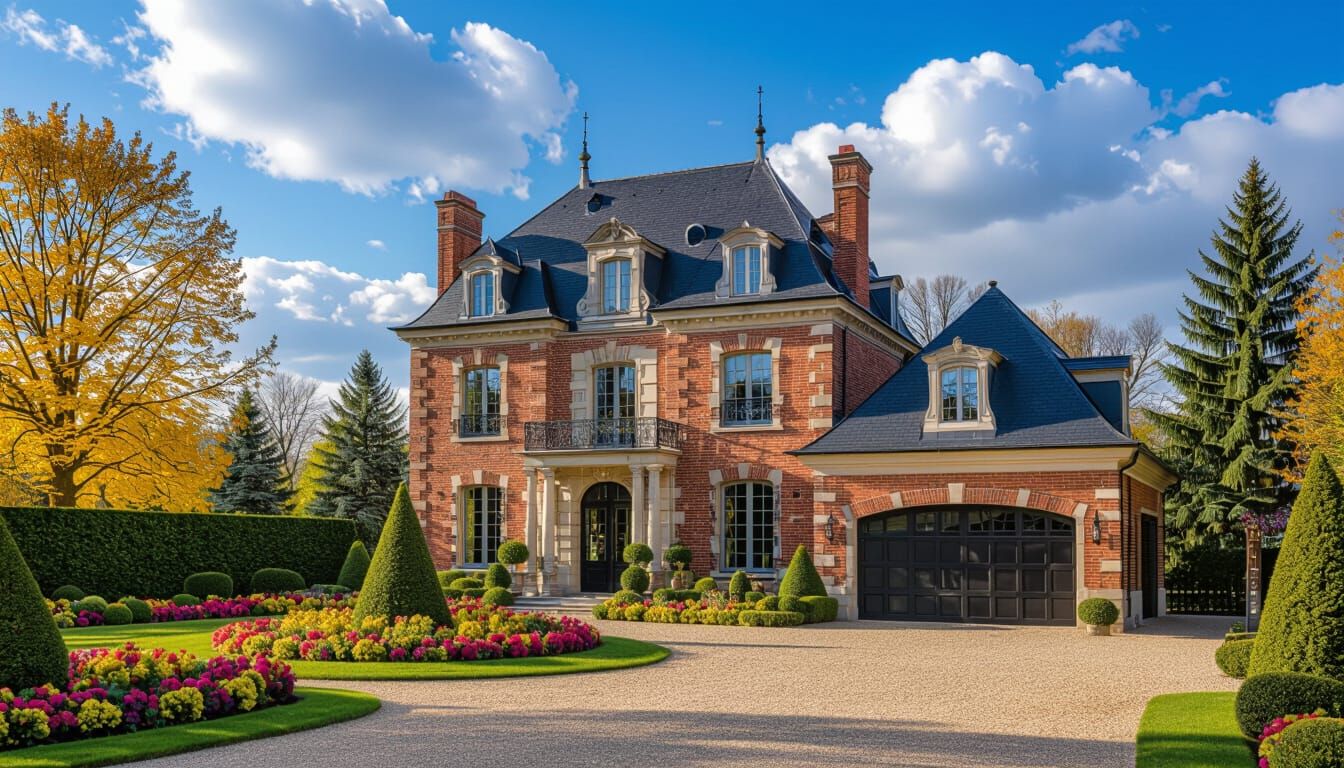 Grand Chateau with Vibrant Garden in Golden Hour Light