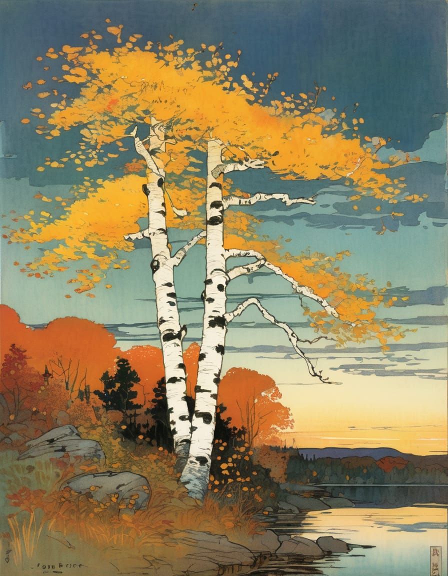 White Birch by Stillwater Pond During Golden Autumn Sunset