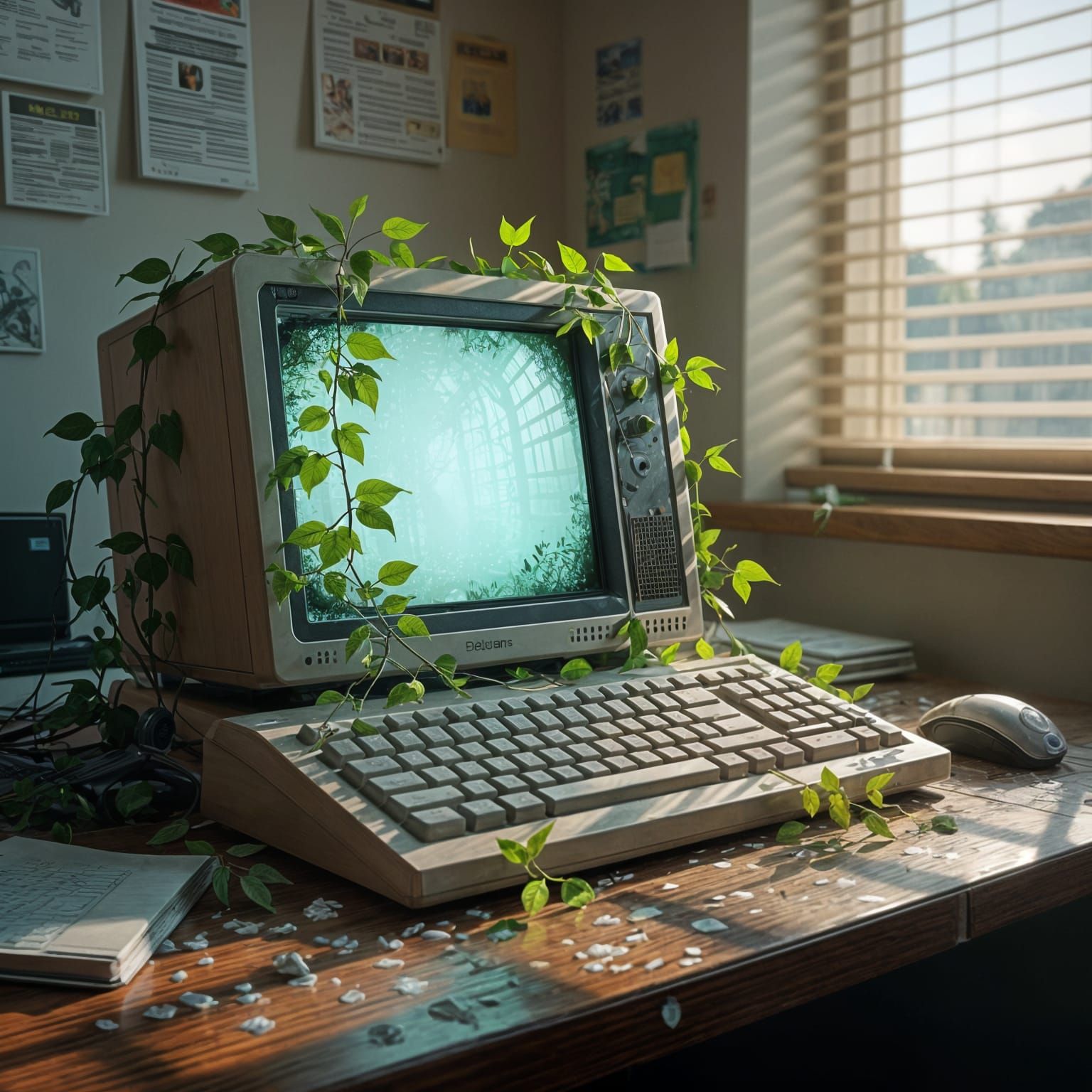 Overgrown Computer on Desk: Hyperrealistic Concept Art