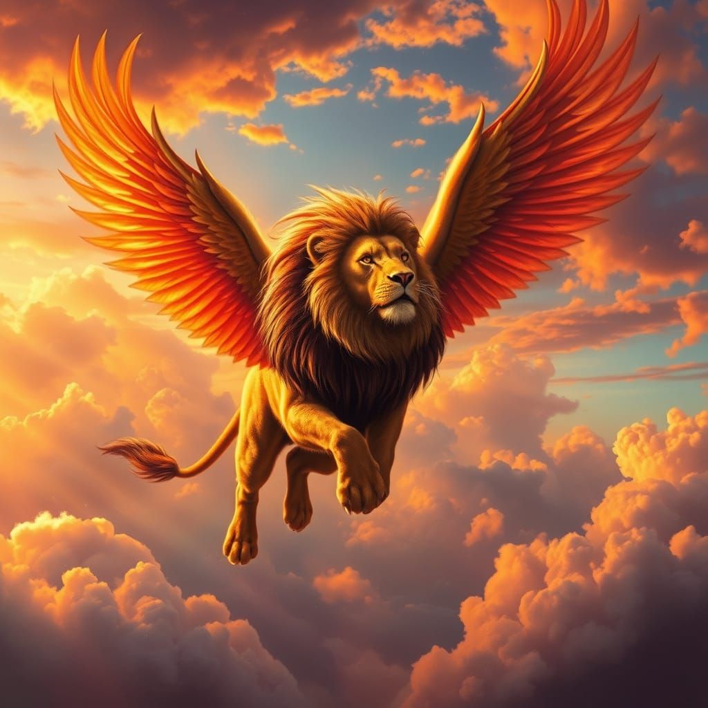 Majestic Lion Phoenix Ascends Vibrant Sunset Sky